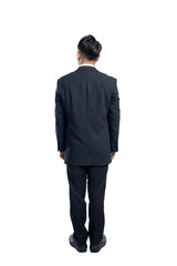 Portrait rear view of Asian businessman standing isolated over white background. Concept of business, entrepreneur, and successful