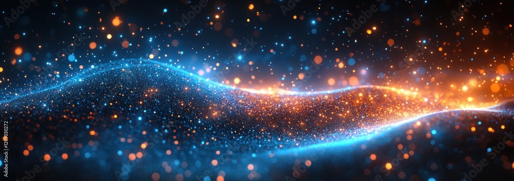 Poster cyberpunk neon landscape with glowing particles and waves of data flowing in a digital space