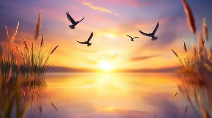 Fototapeta premium A flock of birds soaring through the sky during a beautiful sunset, creating a peaceful scene.