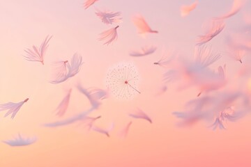 Soft pink sunset with dandelion seeds floating.