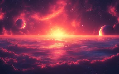 Fototapeta premium Crimson sunrise over alien clouds and planets.