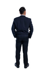 Portrait rear view of Asian businessman standing with confidence isolated over white background. Concept of business, entrepreneur, and successful
