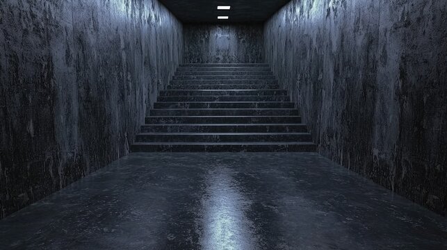 Dark concrete stairs leading up in underground passage.  Horror, mystery, escape