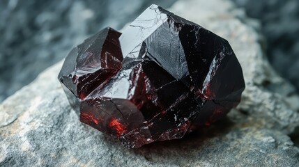 Rare Raw Black Garnet with Deep Red Highlights on Textured Gray Stone in Natural Setting