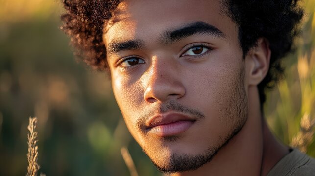 Close-up portrait of a young biracial man with curly hair, soft sunlight illuminating his face in a golden grass field during sunset. - Powered by Adobe
