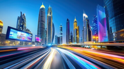 Fototapeta premium A futuristic cityscape featuring tall skyscrapers with digital screens and lights illuminating the streets.