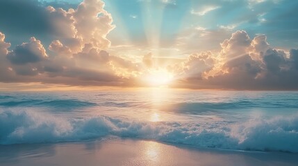 Dramatic sun rays filtering through clouds over turquoise ocean waves at sunset with soft sandy beach reflecting light.