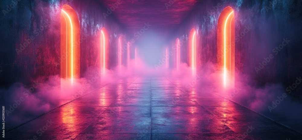 Poster futuristic neon stage with geometric shapes and hazy fog in cyberpunk style