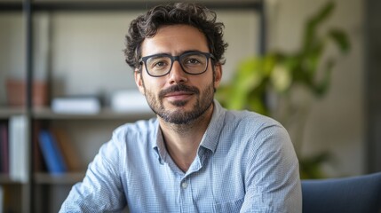 Professional male therapist in a modern clinic setting with a welcoming smile and glasses engaging with clients in a therapeutic environment