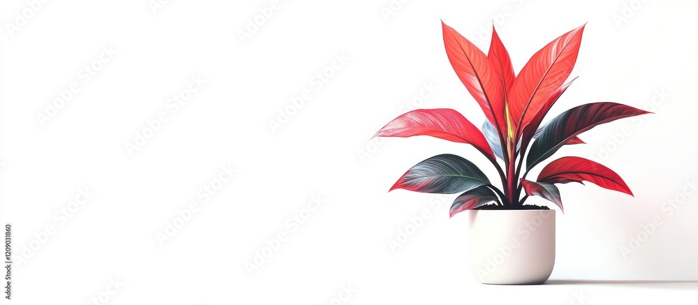 Poster vibrant red tropical plant in white pot positioned on light background with ample empty space for cu