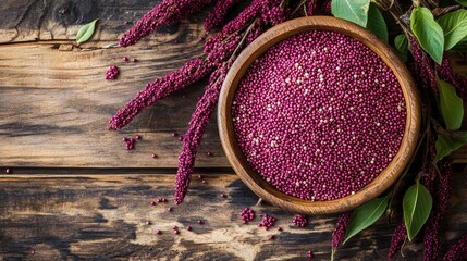 Organic Amaranth Grain in Rustic Wooden Bowl with Amaranth Plants on Table