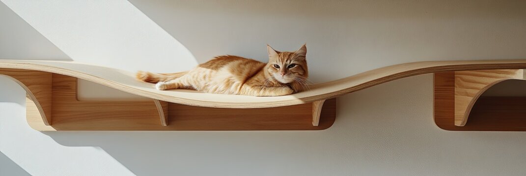 A serene ginger cat gazes directly at the camera while lounging on a wooden cat tree shelf, bathed in warm sunlight. Cat lounging on wooden cat tree, sunlit background - Powered by Adobe