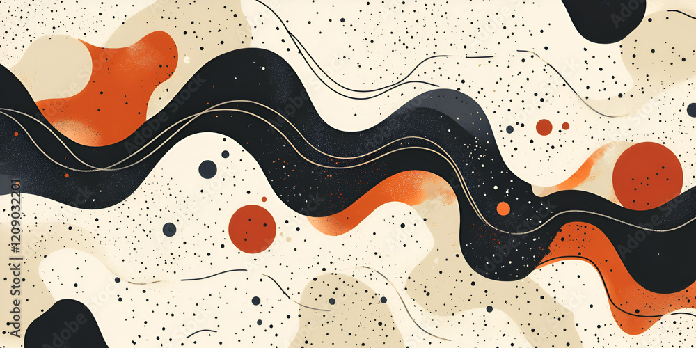 Poster abstract fluid art: swirling black and burnt orange liquid forms dance across a speckled cream canva