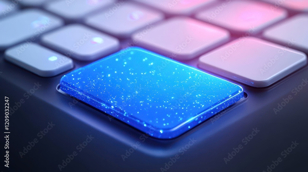 Poster minimalist blue key illuminated on modern keyboard with soft lighting and blurred background