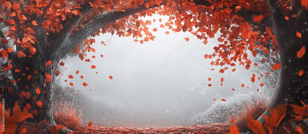 Poster vibrant red, brown, and orange autumn leaves adorning trees in a serene forest setting with soft fog