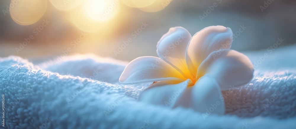 Poster plumeria flower on soft towel with blurred background creating a calming atmosphere of tranquility a