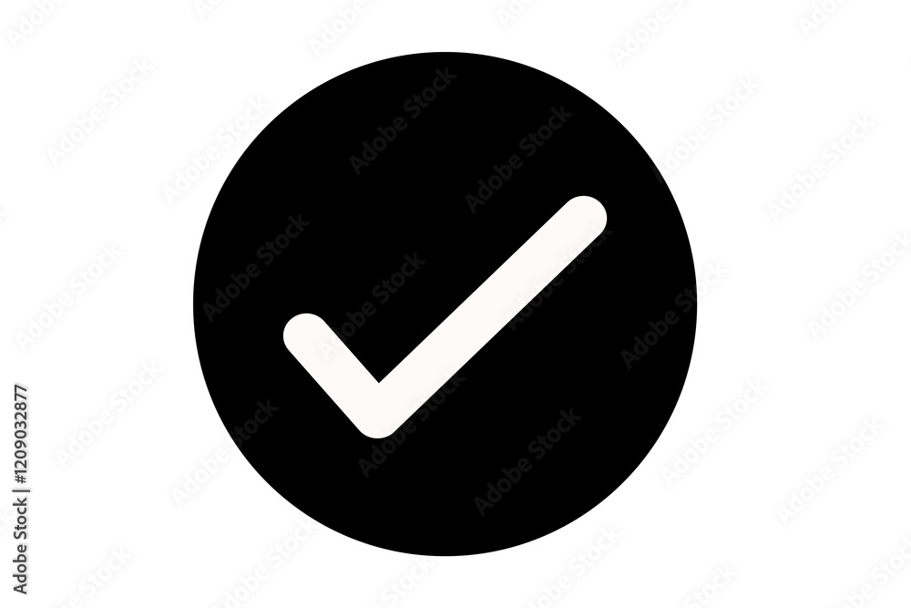 Wall mural white check mark icon on black round circle transparent background png file type flat style tick ico