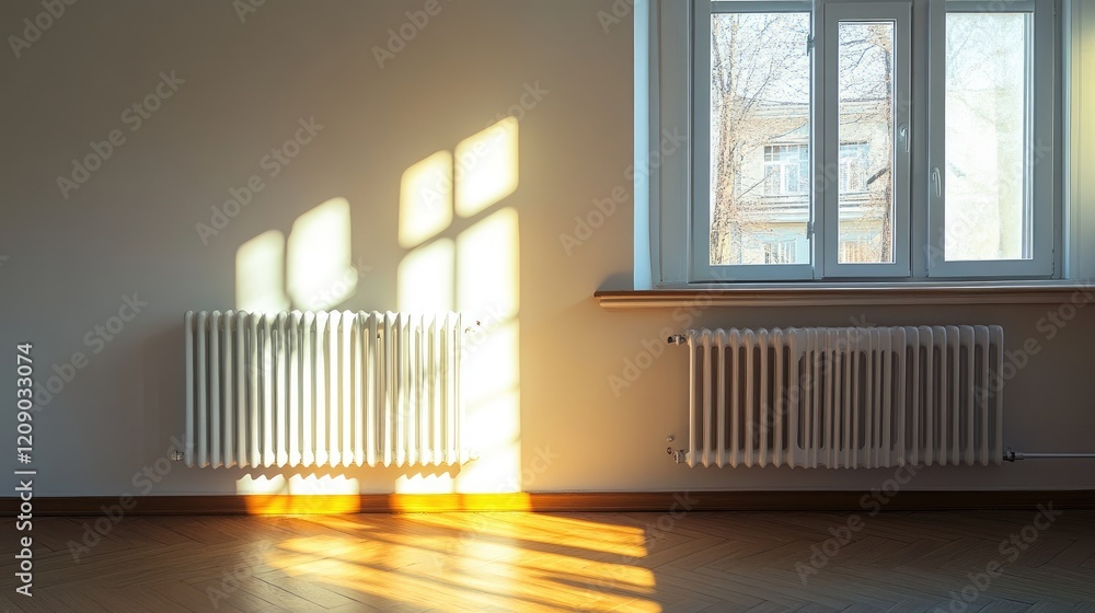 Poster sunlit interior room featuring a radiator with an open valve and soft shadows from window light crea