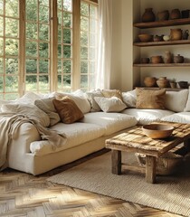 Obraz premium Cozy Minimalist Living Room with Natural Light and Rustic Decor