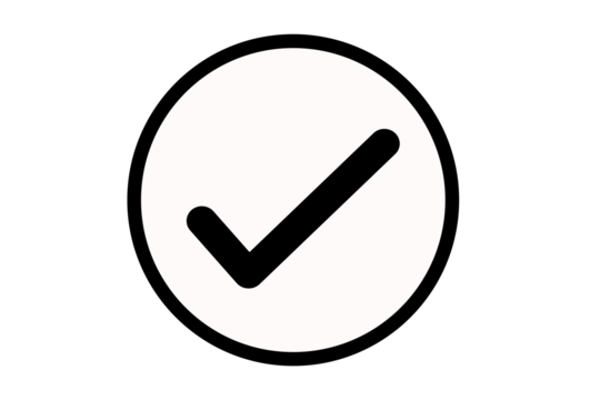 Black check mark icon on white round circle black border transparent background png file type flat style tick icon for web site design, logo, app, UI design
