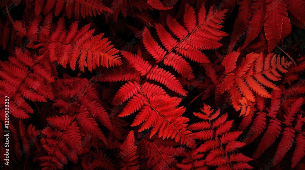 Poster Red abstract pattern and texture of fern leaves creating a vibrant and striking botanical design suitable for various creative projects