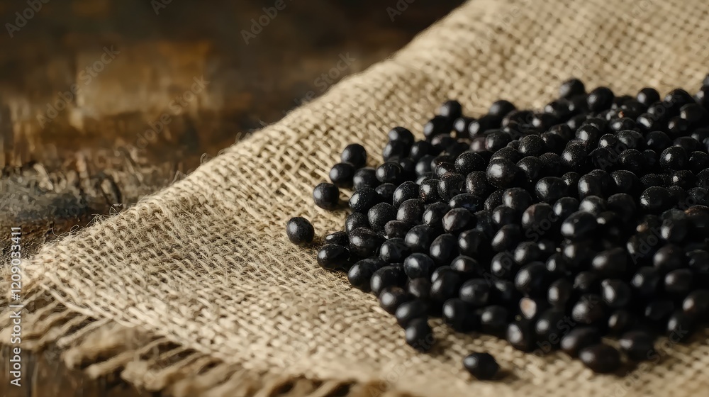 Poster raw black beans scattered on a rustic burlap surface with a textured wooden background, emphasizing 