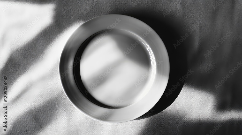 Poster minimalist white ceramic plate on textured gray fabric background with soft shadow play, top view co