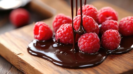 Ripe vibrant red raspberries drizzled with rich dark chocolate sauce on a rustic wooden board highlighting gourmet food styling.