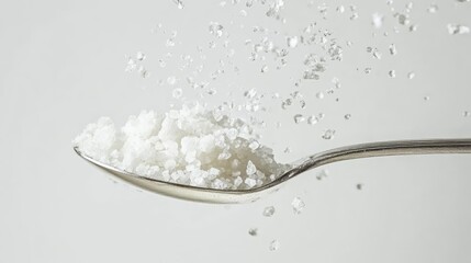 Obraz premium Close-up overhead shot of a stainless steel spoon filled with granular raw sea salt on a plain white background, with salt grains cascading down.
