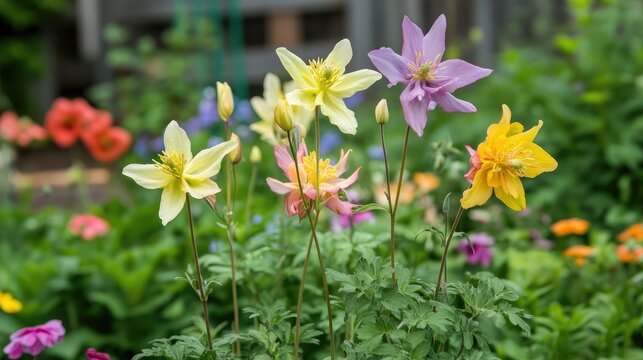 Colorful Columbine Flowers Blooming in a Lush Garden Displaying Vibrant Petals and Green Foliage in Springtime Serenity