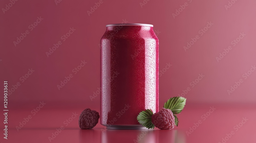 Poster vertical mockup of raspberry red soda can surrounded by fresh raspberries on glossy pink background 