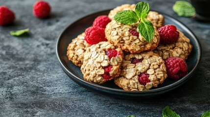 Fototapeta premium Raspberry Vanilla Oatmeal Cookies on Dark Stone Plate Decorated with Fresh Mint and Raspberries Healthy Snack Home Baking Concept with Colorful Presentation
