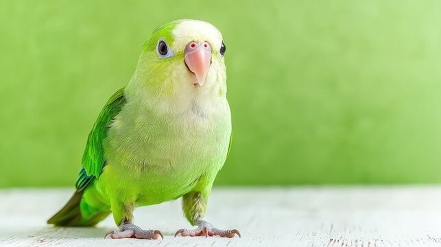 Small green parrotlet stands on a white wooden surface against a vibrant green background.