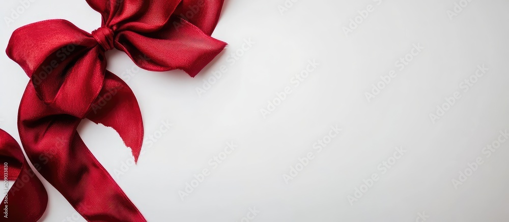 Poster Luxurious red velvet ribbon and bow artistically arranged on a clean white background with ample negative space for elegant text placement.
