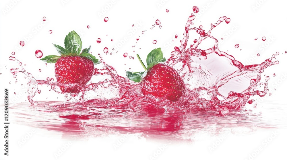 Poster Fresh raspberries splashing in vibrant red liquid on a pristine white background showcasing dynamic movement and refreshing summer vibes