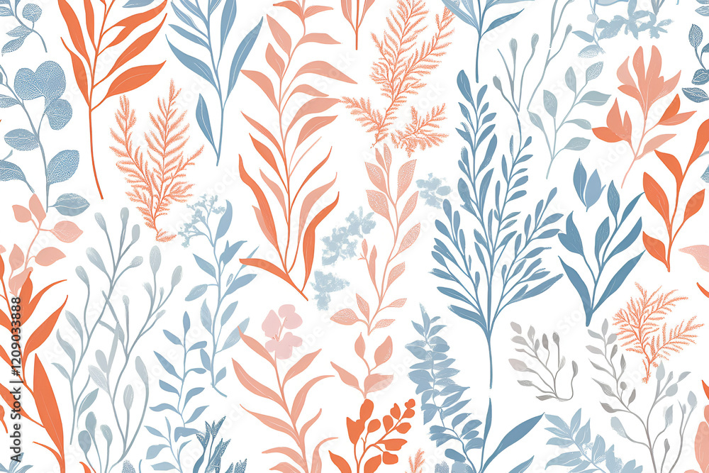 Poster botanical silhouette seamless pattern: a delicate and calming pattern featuring various botanical si
