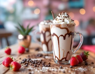 Delicious Chocolate Milkshake with Whipped Cream and Strawberries