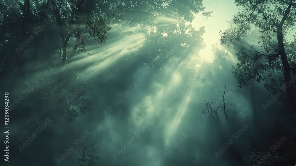 Poster mysterious forest scene with sunlight rays piercing through fog and mist among trees creating a sere
