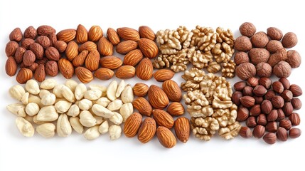 Assorted nuts studio shot, food photography, white background, healthy snack