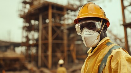 African engineer wearing personal protective equipment and safety helmet at a construction site with scaffolding in the background, yellow tones.