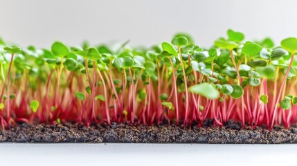 Vibrant red amaranth microgreens sprouting in a home indoor garden showcasing healthy growth on a bright white background