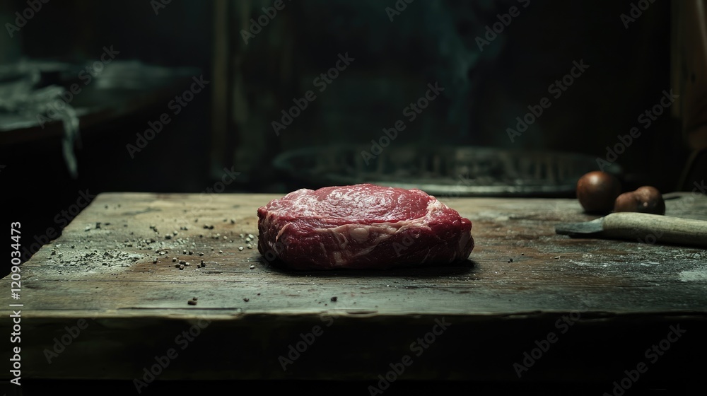 Poster raw pork chop resting on a rustic wooden table with a moody ambiance and subtle textures highlightin