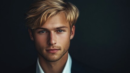 Fototapeta premium Young attractive male entrepreneur with blonde hair and blue eyes in formal attire against dark background, professional studio portrait.
