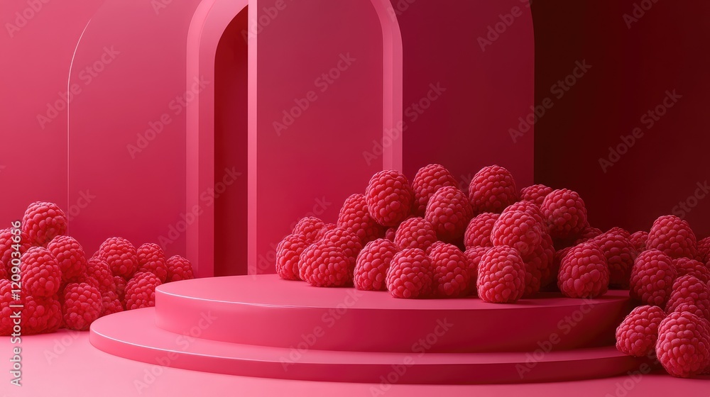 Poster monochromatic pink raspberry display on podium with studio lighting and abstract arch background for