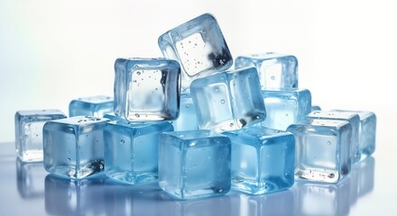 Pile of ice cubes. Clear, transparent cubes. Freshness, cold concept. Ideal for beverage refreshment imagery. Closeup view. Perfect for drink food related visuals. High quality. Solid ice form. Blue
