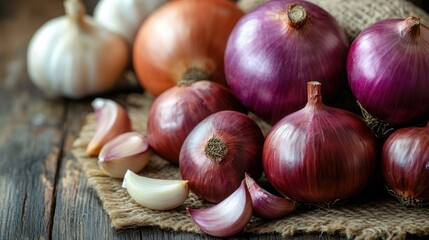 Fresh red and bulb onions accompanied by organic garlic cloves on a rustic wooden table setting showcasing natural ingredients