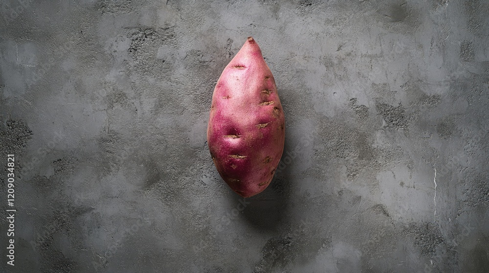 Poster Raw sweet potato on textured gray tile background showcasing its natural shape and color with ample copy space for branding or text.