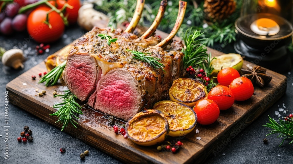 Aufkleber elegant rack of lamb served with mustard sauce and a colorful array of seasonal vegetables on a rust