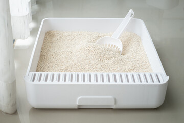 Closeup to a sandbox with cat litter sand flakes and shovel