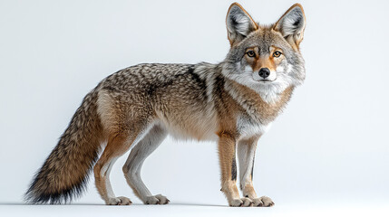 Obraz premium A coyote standing against a white background, showcasing its fur, ears, and tail.